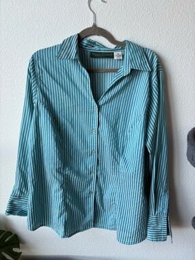 Harve Benard Teal and White Striped Button-Up Blouse